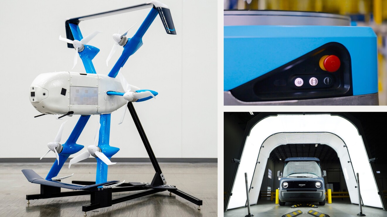 A collage showing an Amazon delivery drone on the left, one of the fulfillment center robots on the top right, and an Amazon Rivian van on the bottom right.