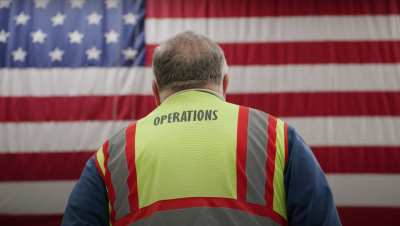 An image of an Amazon employee in a yellow work vest standing in front of an American flag.