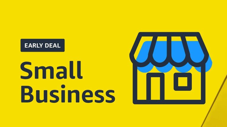 A yellow image with an illustration on the right side that shows a small business storefront. There is text on the left side that reads "early deal" and "small business."