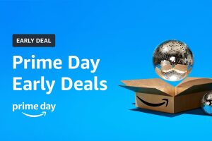 An Amazon box with a disco ball floating above it and two smaller disco balls next to it against a blue background. There is text that reads "early deal" then "Prime Day Early Deals" with the Prime Day logo below. 