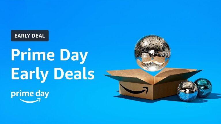 An Amazon box with a disco ball floating above it and two smaller disco balls next to it against a blue background. There is text that reads "early deal" then "Prime Day Early Deals" with the Prime Day logo below. 