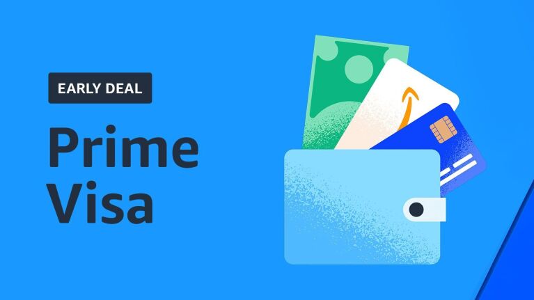 A blue image with text that reads "early deal" and "prime visa." There is an illustration on the right of an image that shows a wallet with cards and cash coming out of it.