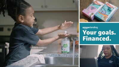 An illustration that includes the Amazon Lending logo, and three photos: one of a child washing their hands at a kitchen sink, one of the Yummy Mitt by Darlyng & Co., and one of Darlyng & Co. co-founder and CEO Tara Darnley.