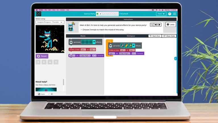 A photo of a laptop device on a table that shows part of the tool for Hour of Code Dance Party: AI Edition.