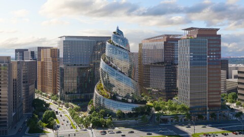 An image of the helix building at Amazon's HQ2 surrounding by other office buildings and greenery in the area.