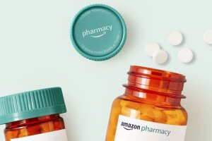 Amazon Pharmacy branded pill bottles.