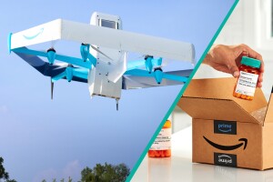 A collage of an Amazon delivery drone on the left and a hand taking out a prescription bottle from an Amazon box. 