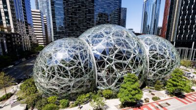 An aerial photo of the spheres at Amazon's headquarters in Seattle.