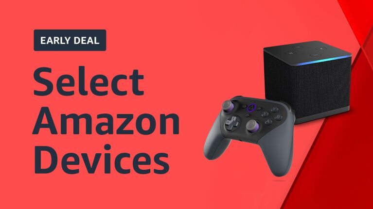 A red image with a gaming console on it. Text reads "Early deal" and "select Amazon devices"