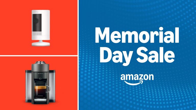 An image of a security camera and a coffee maker and text that reads "Memorial Day Sale Amazon."