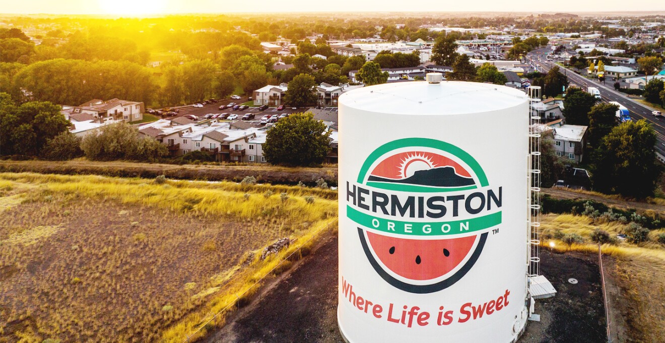 Aerial image of the water tower in Hermiston, Oregon. 