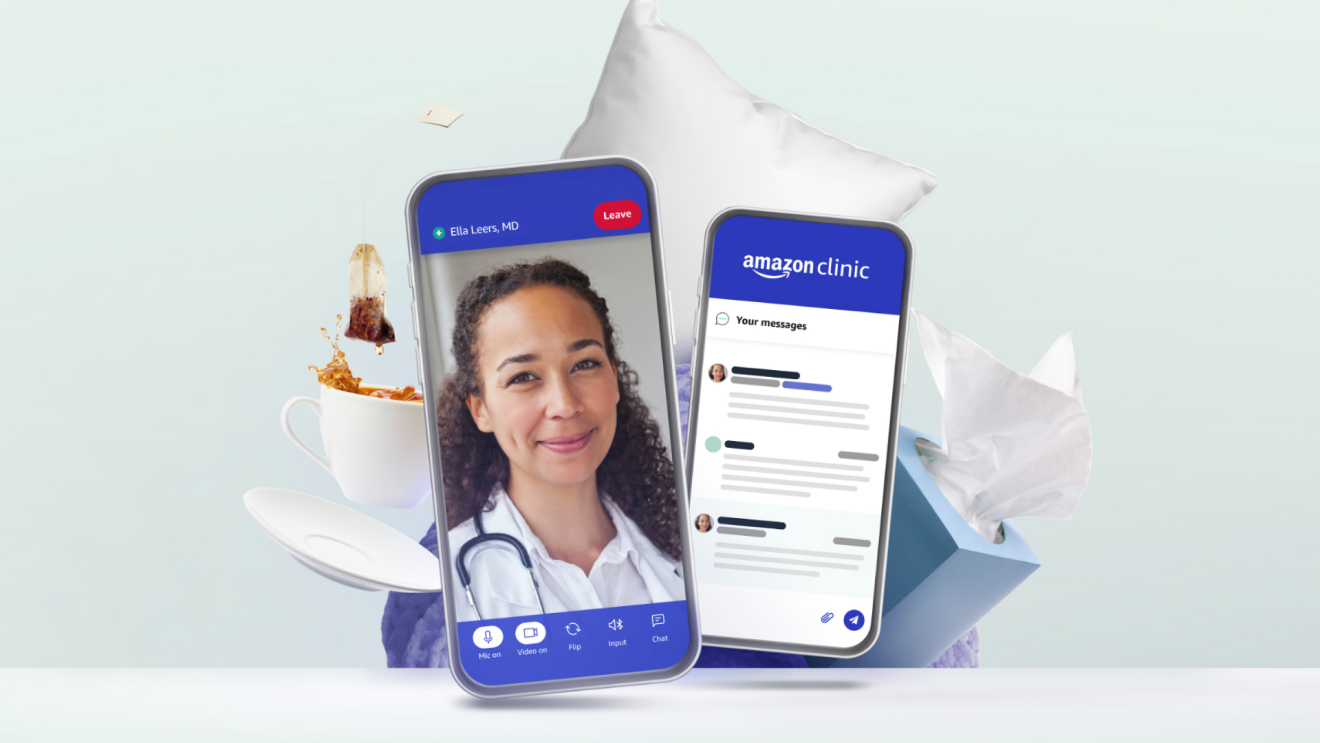 two phone screens in the foreground with a flying mug of tea, box of tissues, and pillow in the background. on one phone screen there is an active video call with a clinician. on the other screen is a set of messages in amazon clinic 