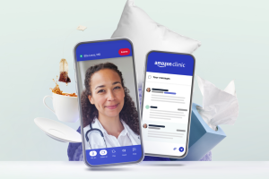 two phone screens in the foreground with a flying mug of tea, box of tissues, and pillow in the background. on one phone screen there is an active video call with a clinician. on the other screen is a set of messages in amazon clinic 