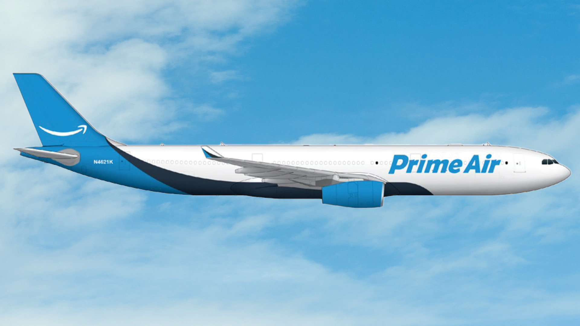 A Prime Air aircraft flies through the sky.