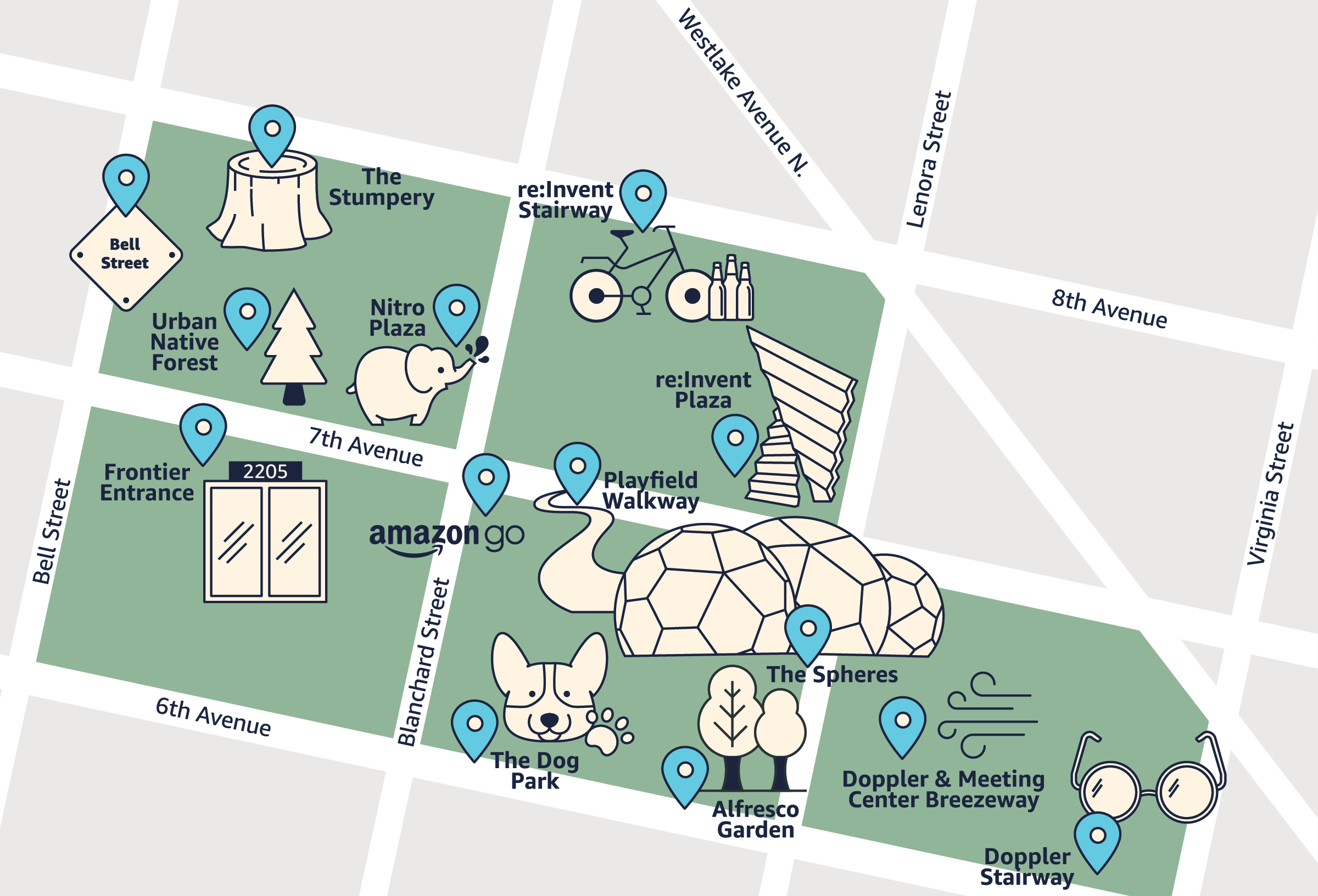 A map of the Amazon Puget Sound Headquarters Tour.